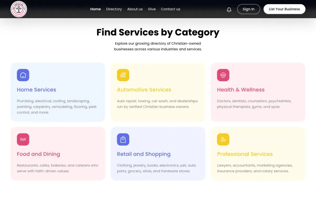 Find Services by Category grid: home services, automotive, health, dining, retail and professional