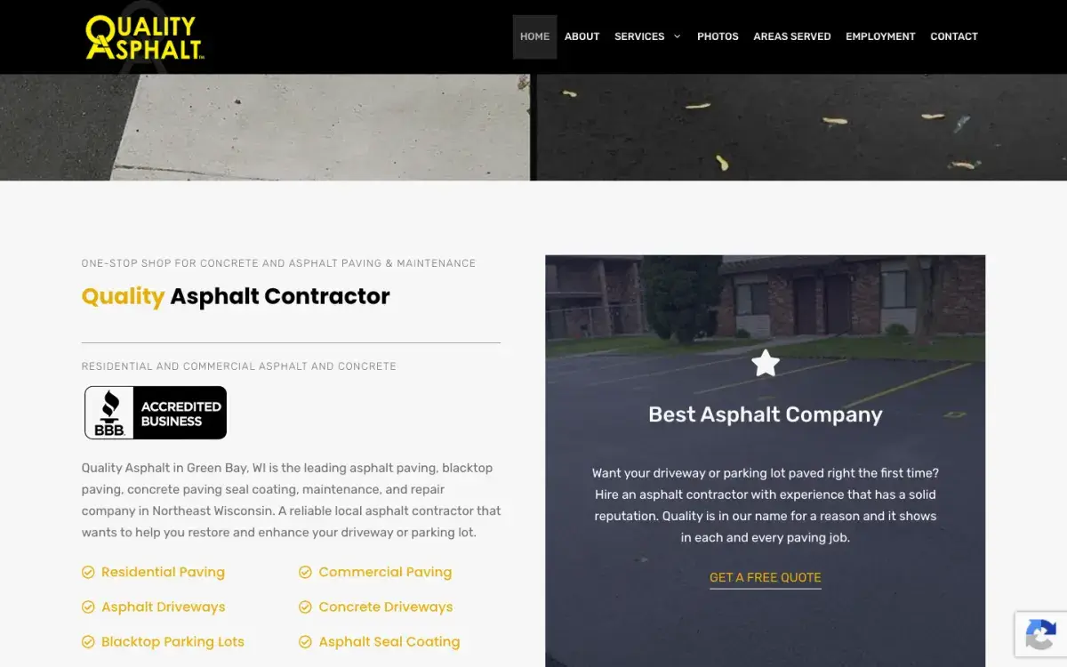 Quality asphalt contractor section with services and a free quote card