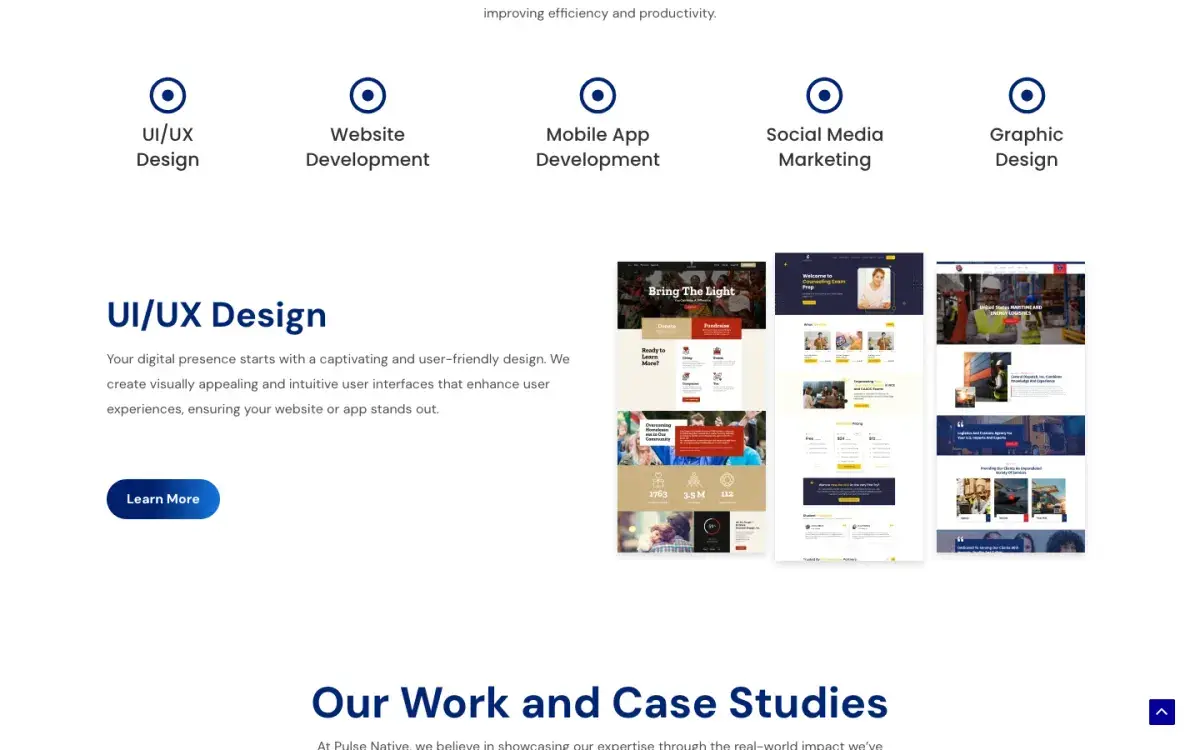 Service row for UI/UX, web, mobile, social media and graphic design