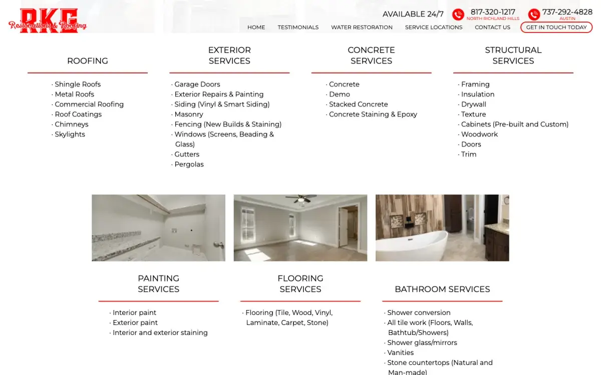 Services menu: roofing, exterior, concrete, structural, painting, flooring and bathrooms