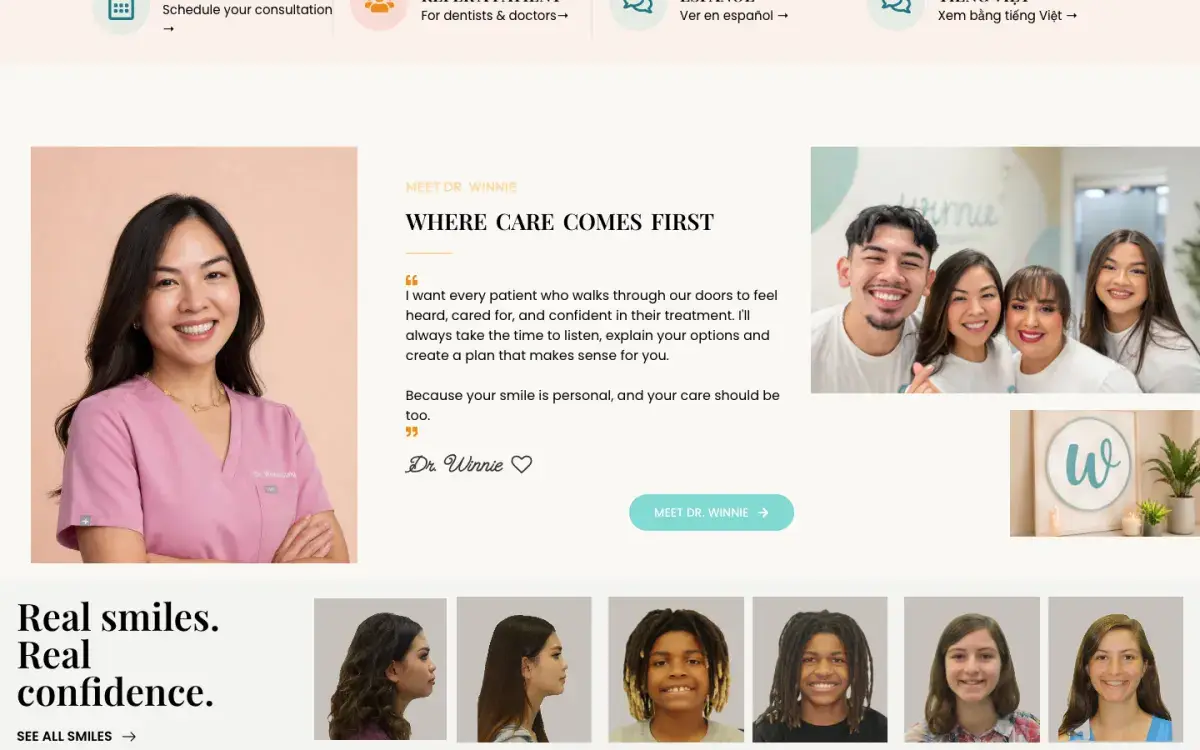 "Where care comes first" welcome from Dr. Winnie with patient smiles