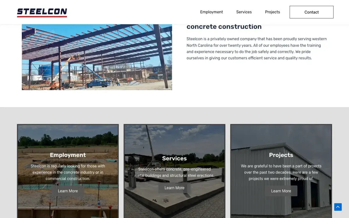 Concrete construction introduction with employment, services and projects cards