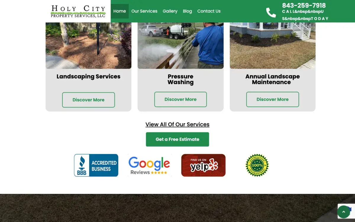 Landscaping, pressure washing and maintenance service cards with review badges