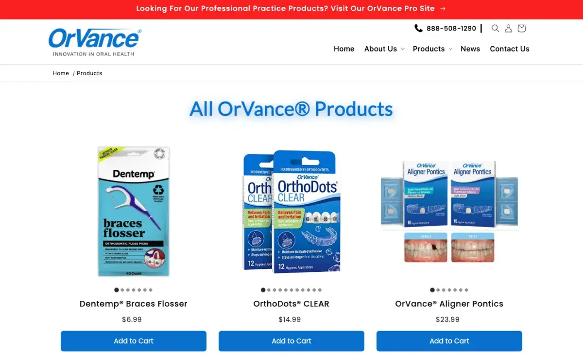 All OrVance products: Dentemp braces flosser, OrthoDots Clear and Aligner Pontics