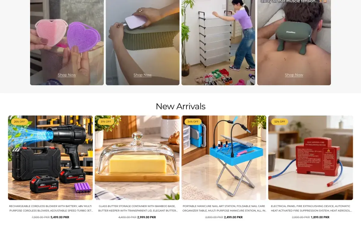 New Arrivals row with discounted household products