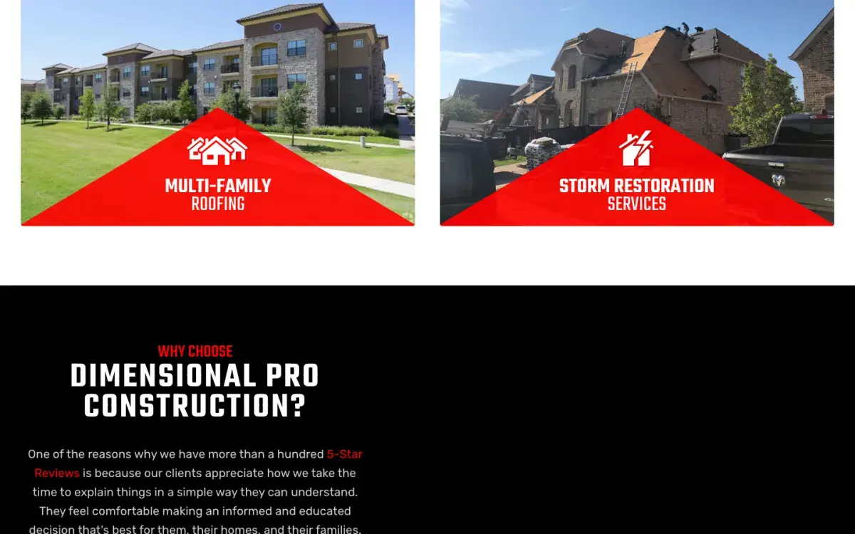 Multi-family roofing and storm restoration services with the why-choose-us section