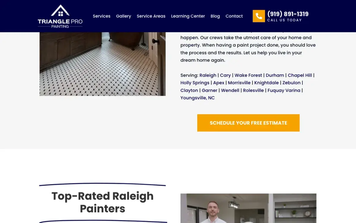 Service area list with a Schedule Your Free Estimate button