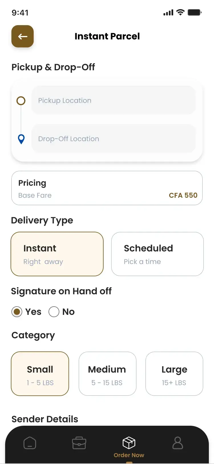 Instant Parcel form with pickup, drop-off, pricing, delivery type and parcel size