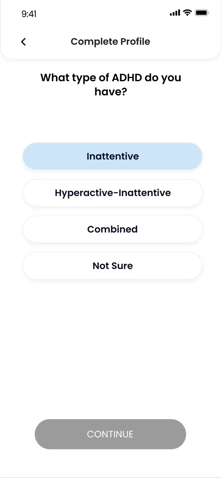 Complete Profile step asking which type of ADHD the user has
