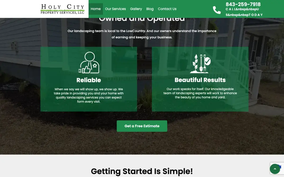 Reliable and Beautiful Results feature cards with a free estimate button