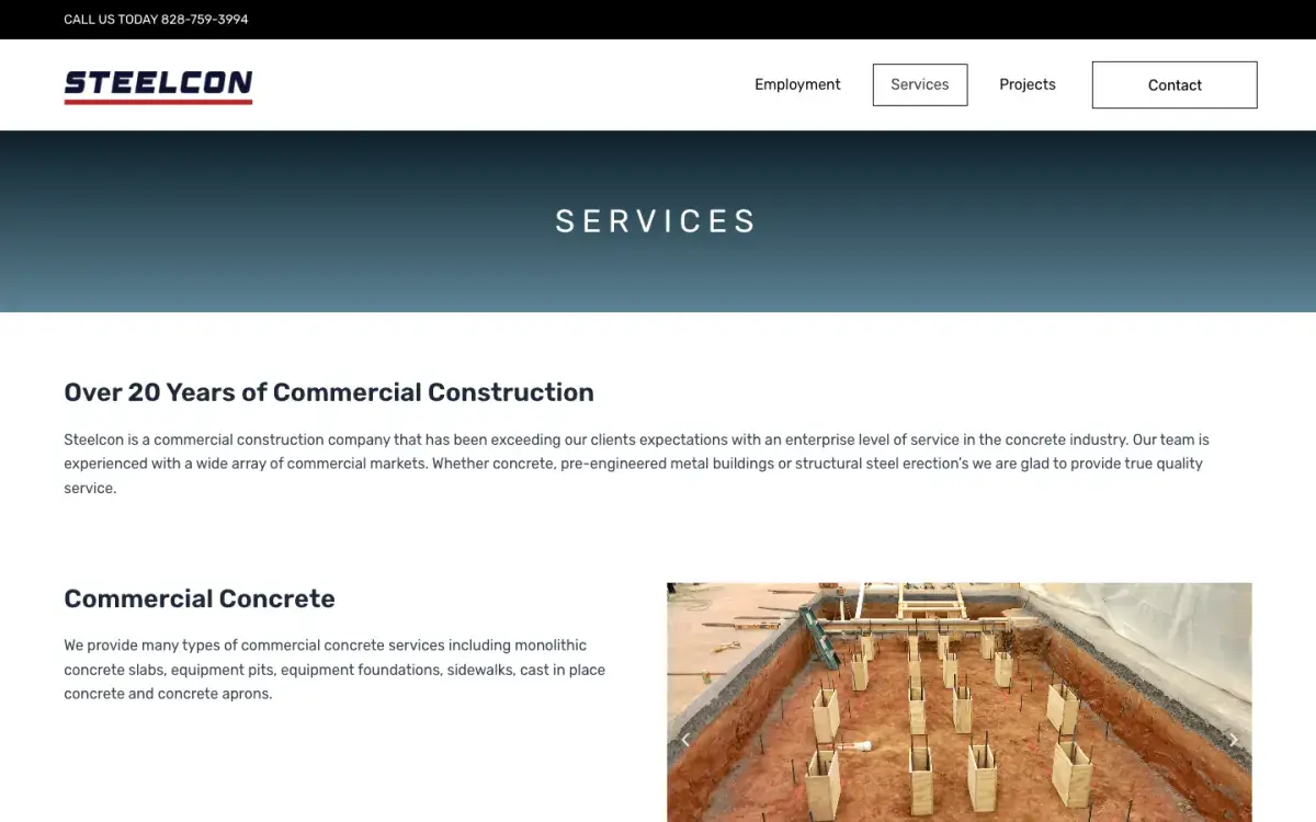 Services page for commercial construction and concrete