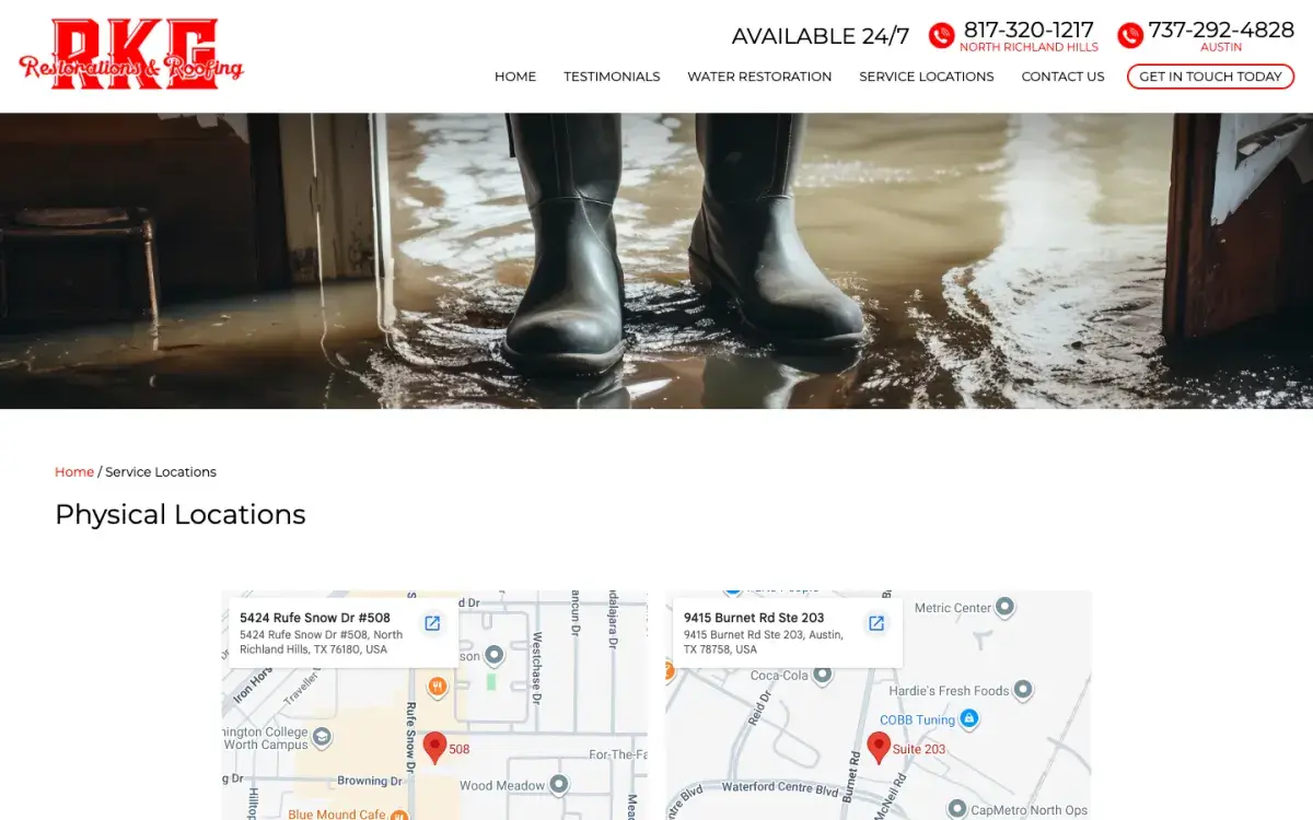 Service Locations page with a map of offices