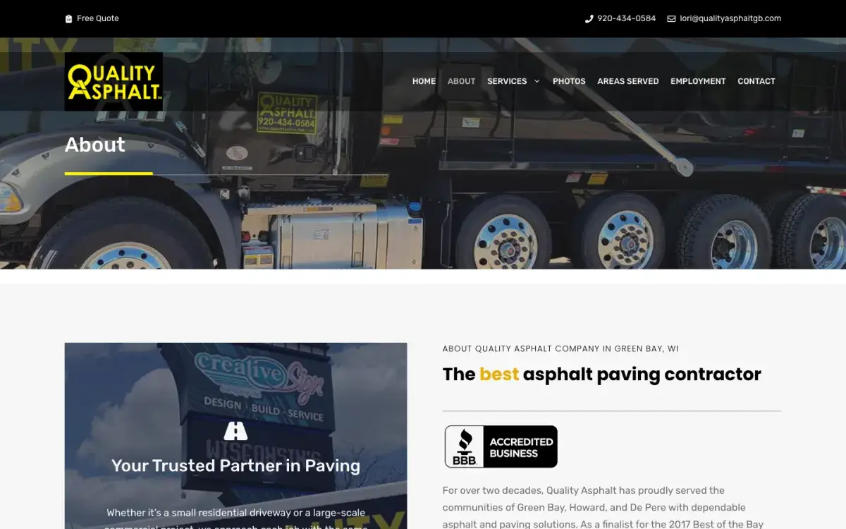 About page for the Green Bay asphalt paving contractor