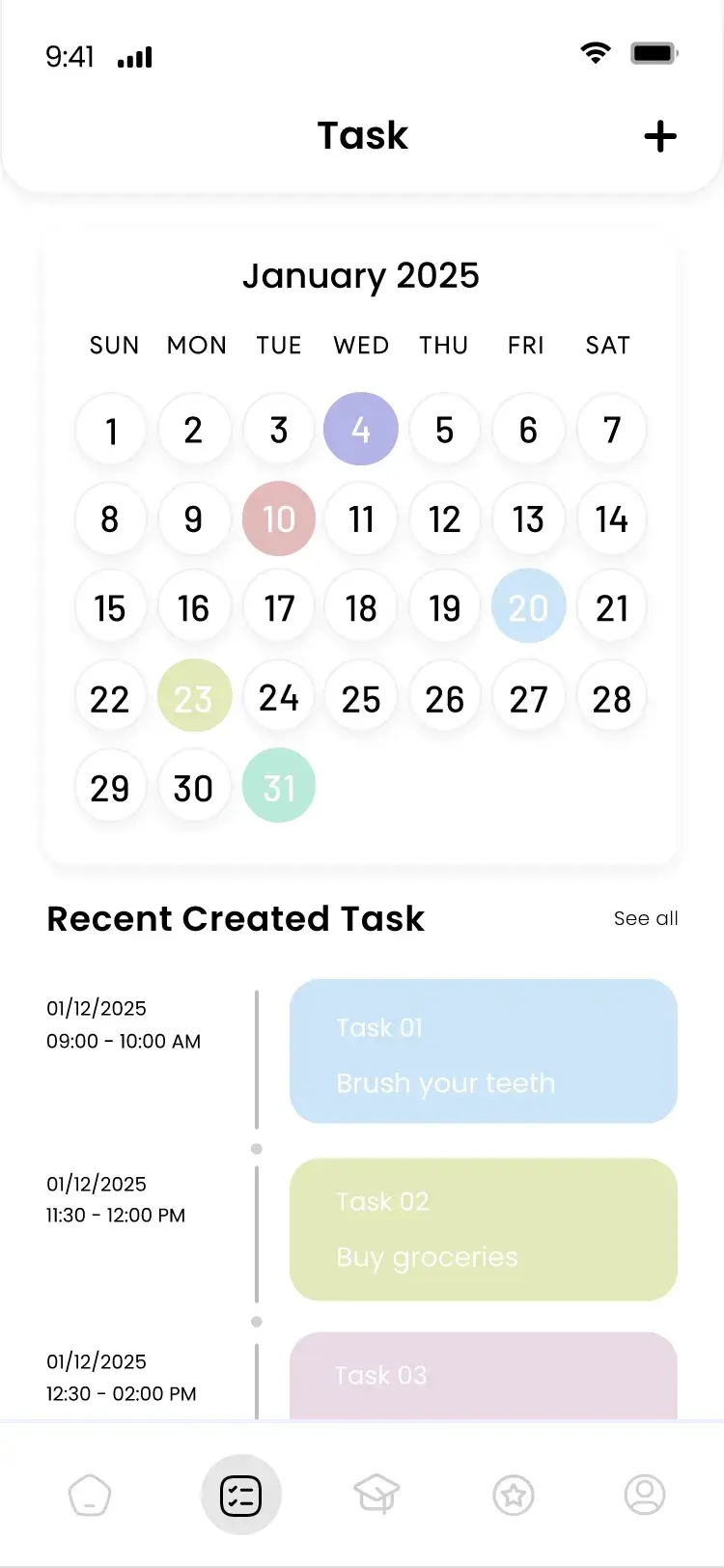 Task screen with a monthly calendar and recently created tasks
