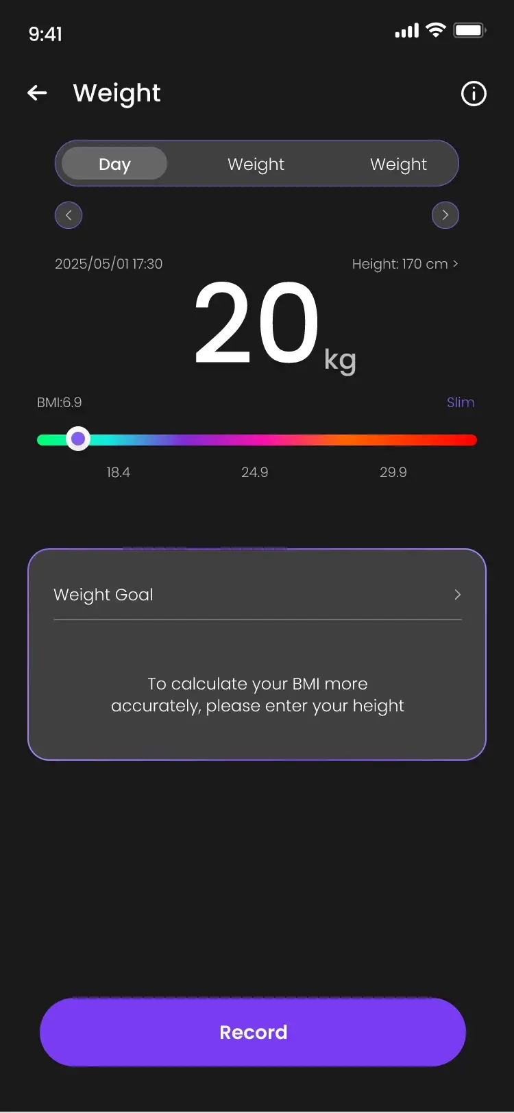 Weight tracker with a BMI scale and a weight goal