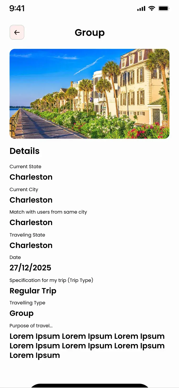Group trip details with destination, dates and trip type