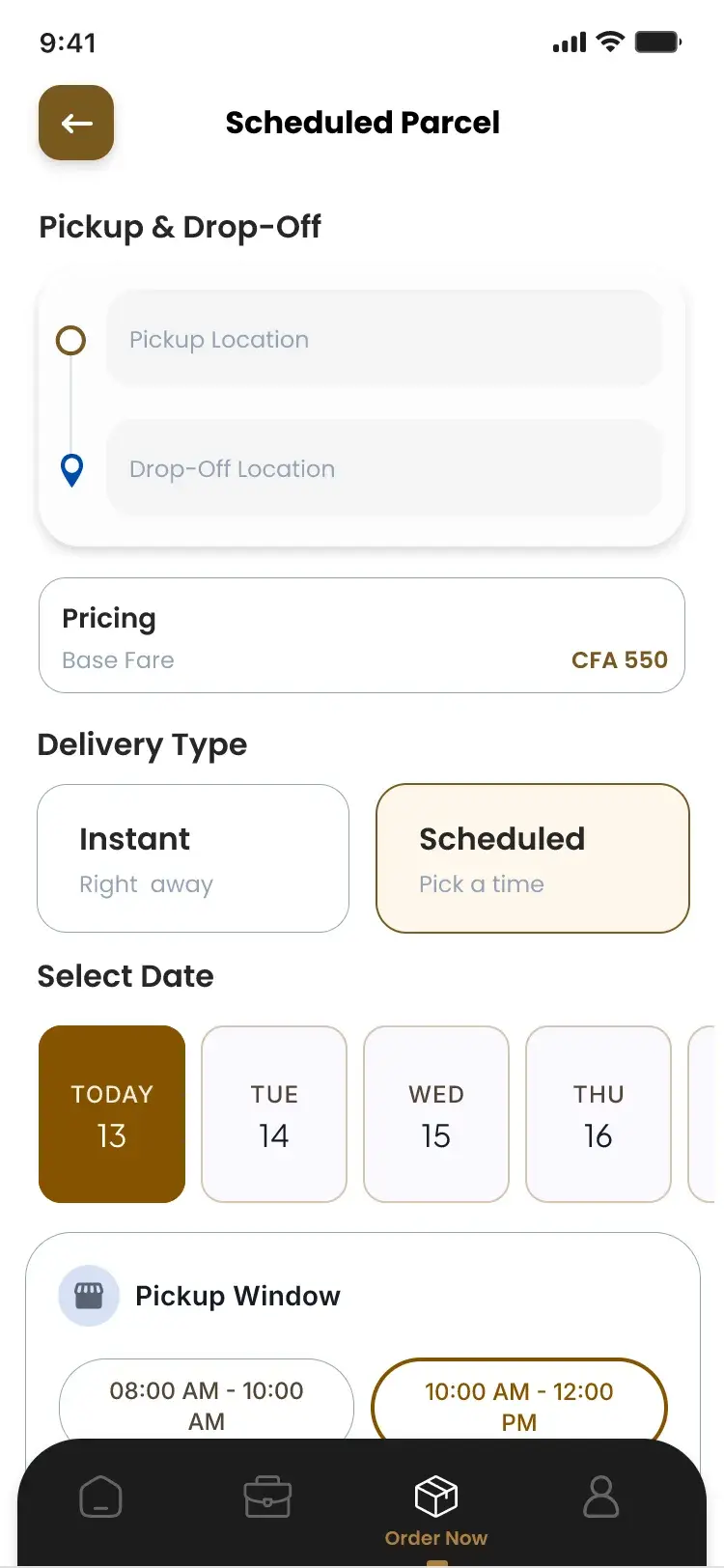 Scheduled Parcel form with a date picker and pickup window
