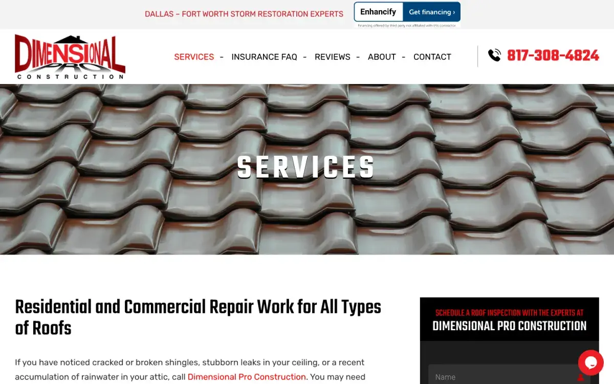 Services page for residential and commercial roof repair