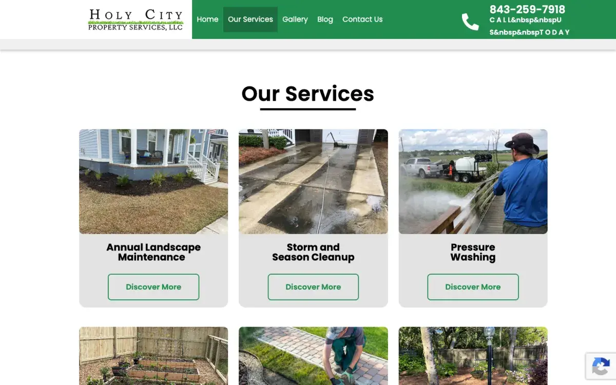 Our Services page with maintenance, cleanup and pressure washing