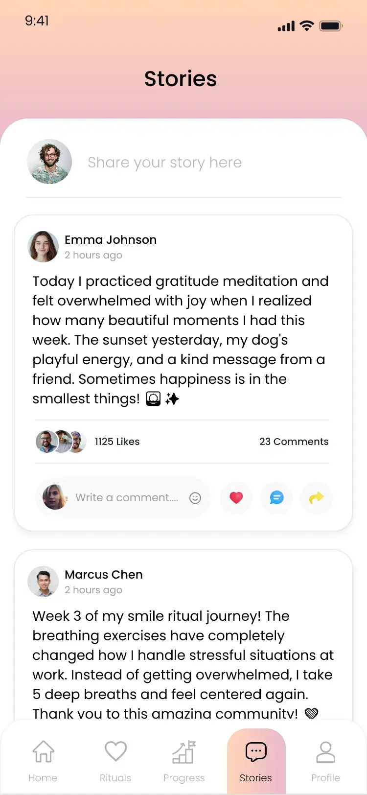 Stories feed where users share their smile ritual journeys