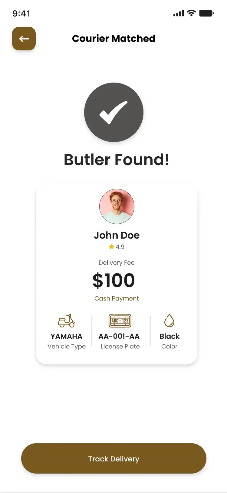 Butler Found screen with the matched courier, delivery fee and vehicle details