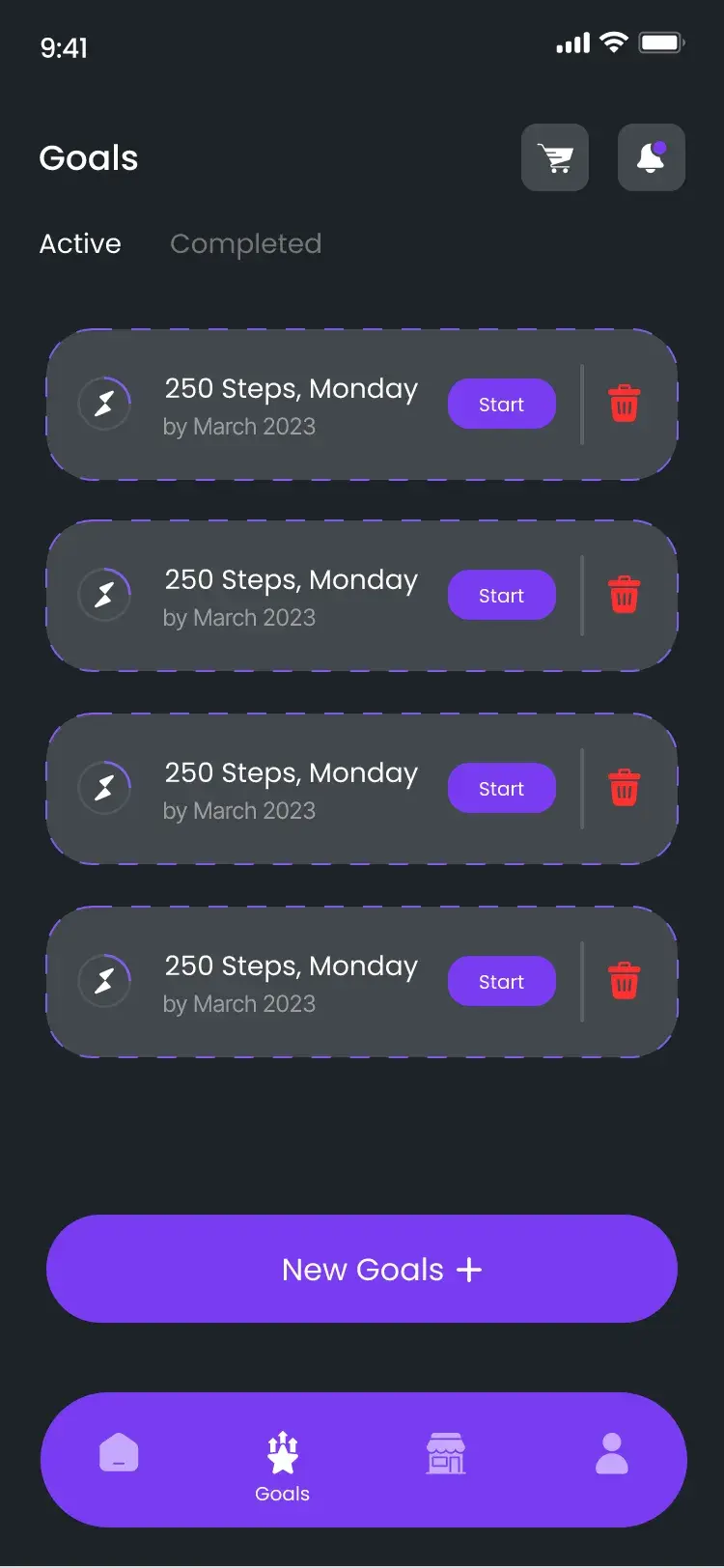 Goals list of active step goals with a New Goals button