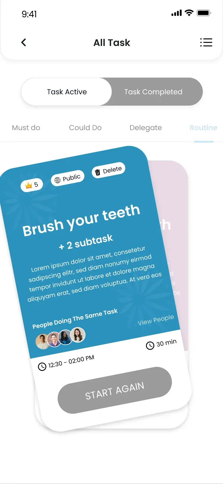 All Tasks view with a "Brush your teeth" task card and its subtasks