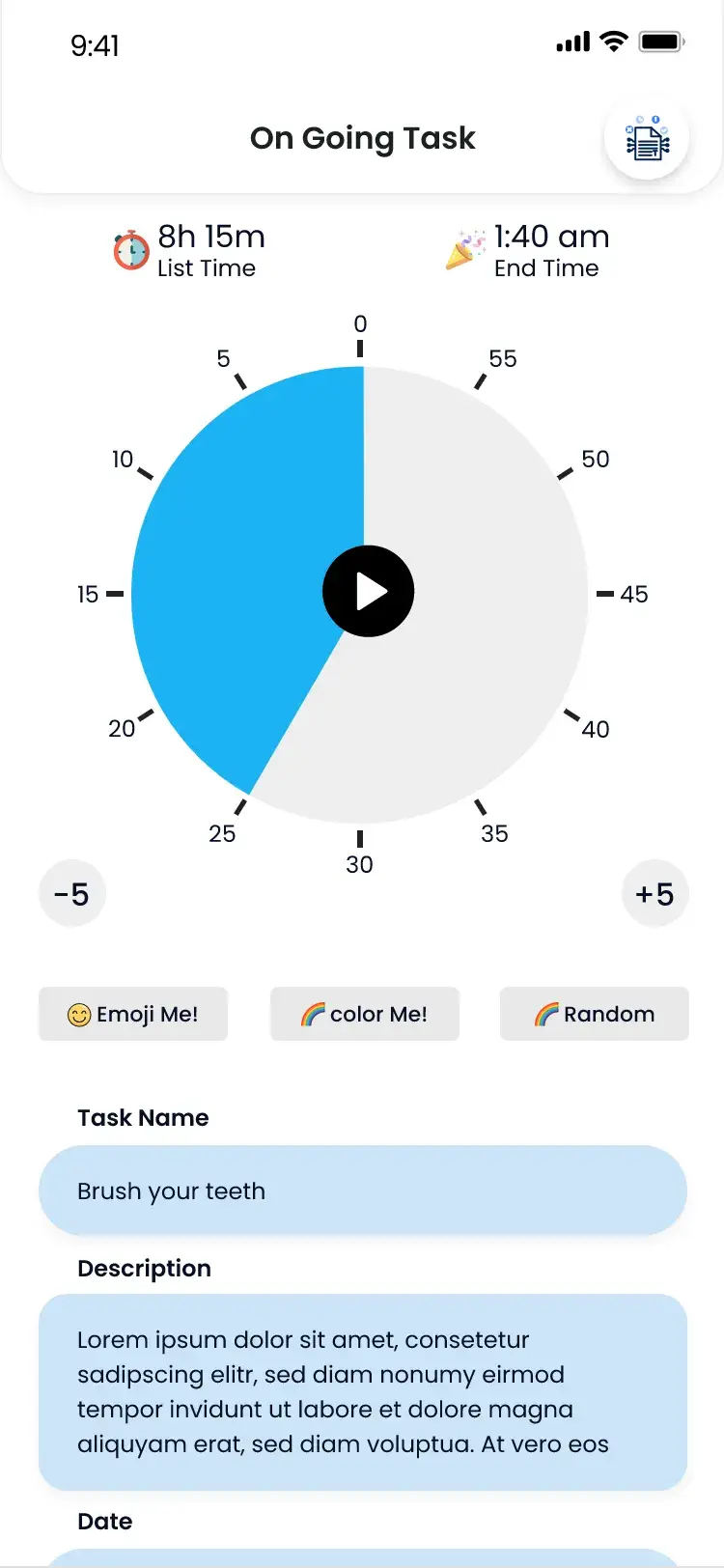 On Going Task focus timer with list time and end time