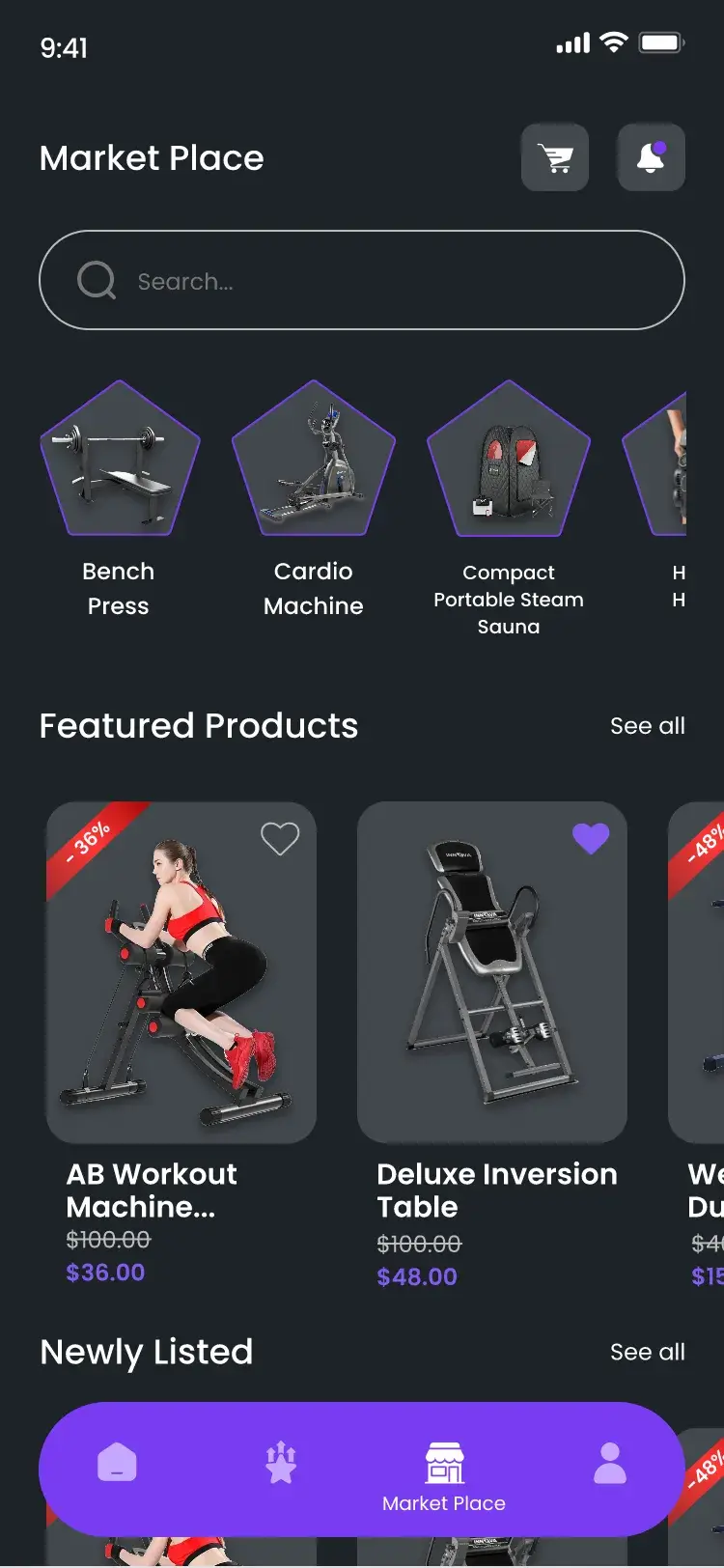 Market Place with equipment categories and featured products