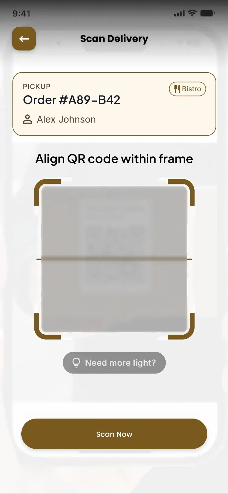 Scan Delivery screen for scanning the order QR code