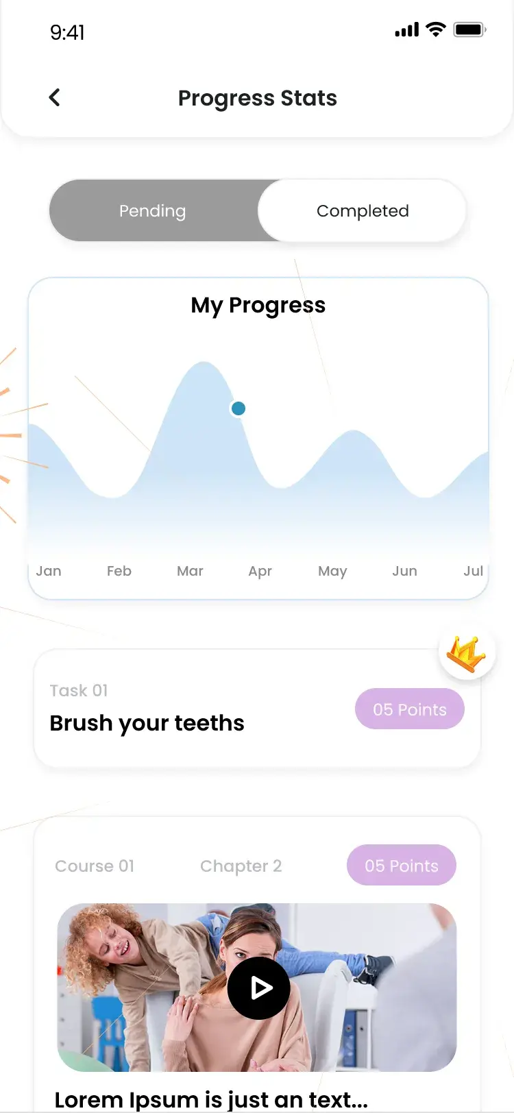 Progress Stats with a monthly progress chart and completed tasks