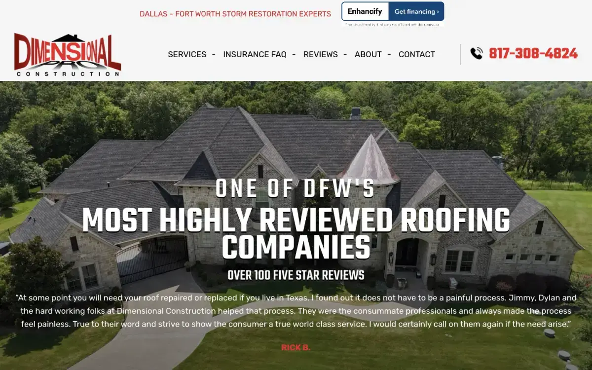 Dimensional Pro roofing and construction homepage