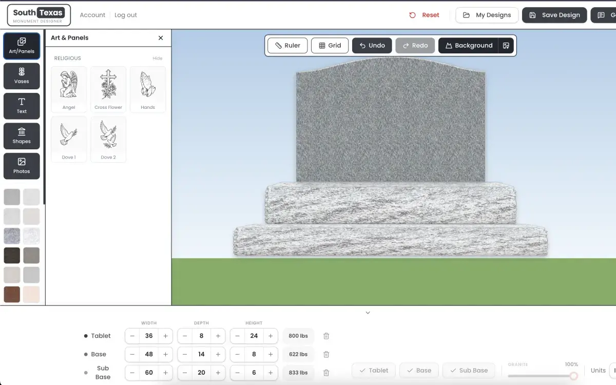 South Texas monument design studio with the art panel open and a granite tablet, base and sub-base on the canvas
