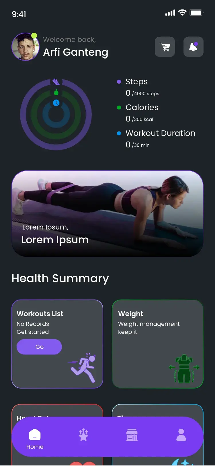 Upbeat Vitals home screen with steps, calories and workout duration rings and a health summary