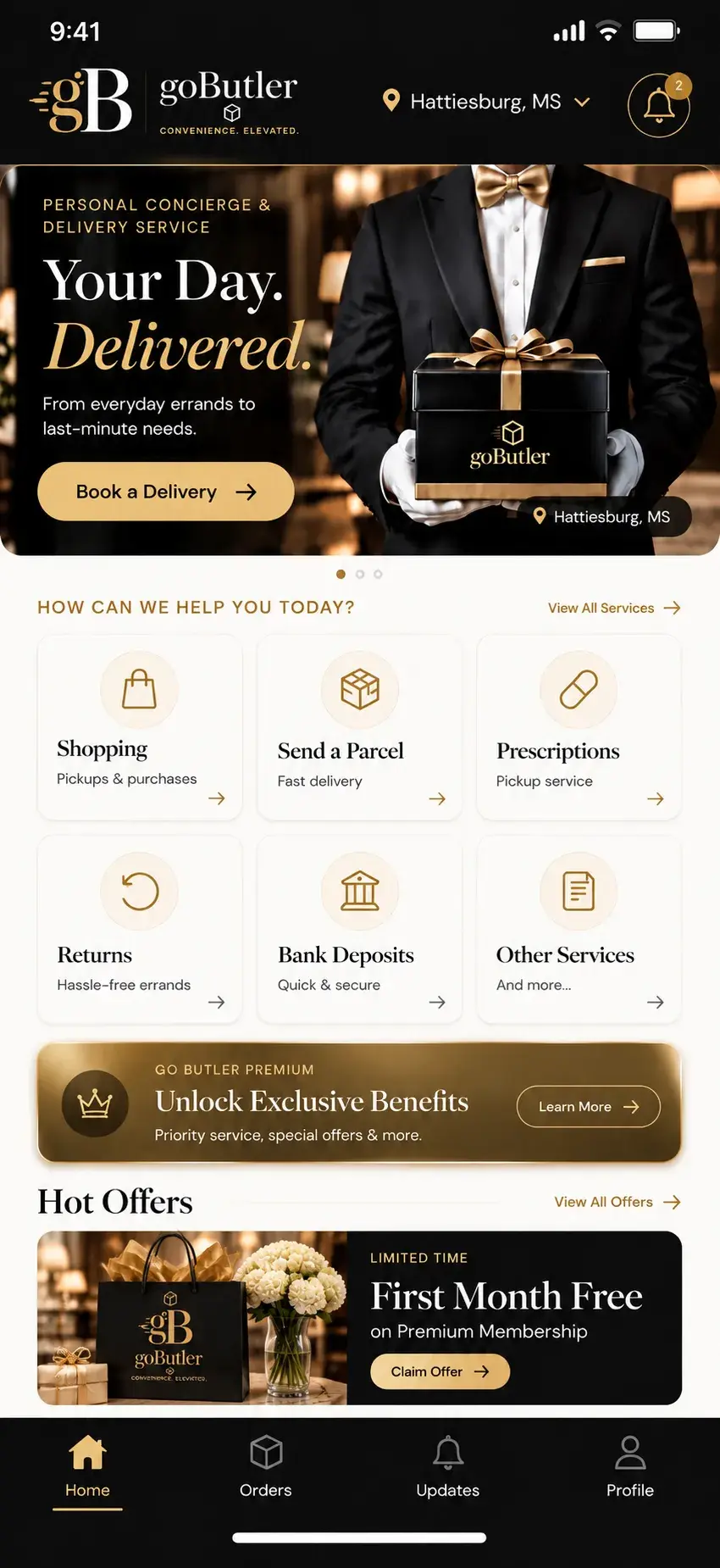 goButler home screen with the concierge banner, service shortcuts, Premium offer and Hot Offers