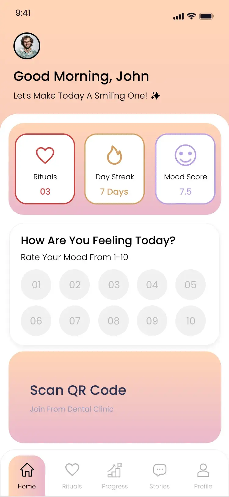 Home screen with rituals, day streak and mood score, a 1–10 mood check-in and a dental clinic QR join card