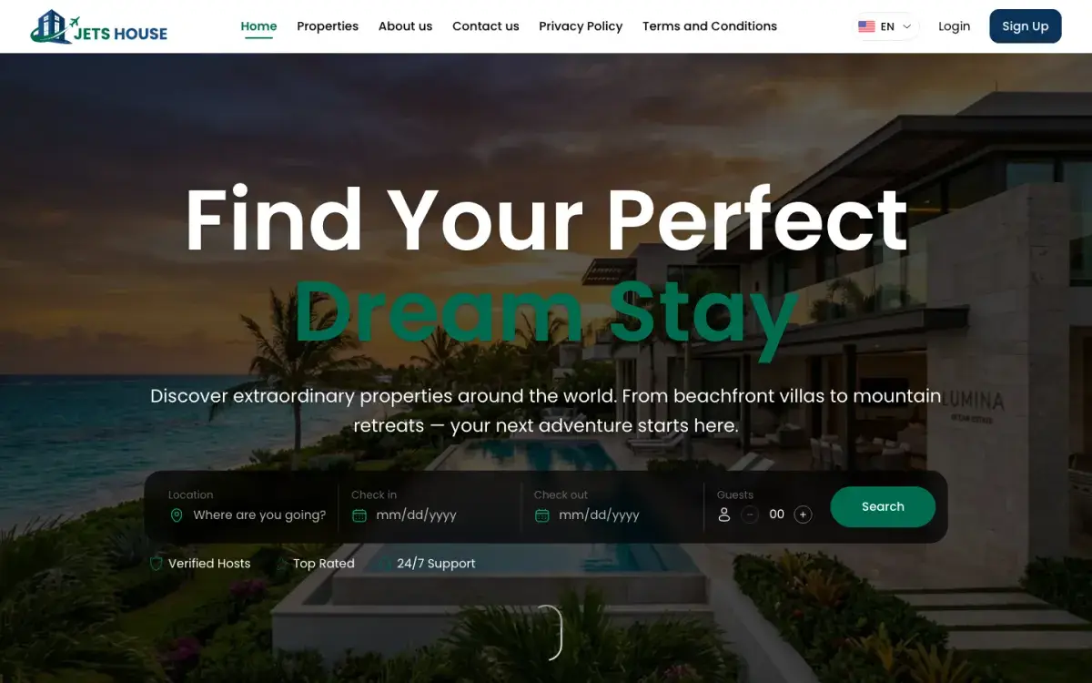 JetsHouse luxury property rental platform homepage