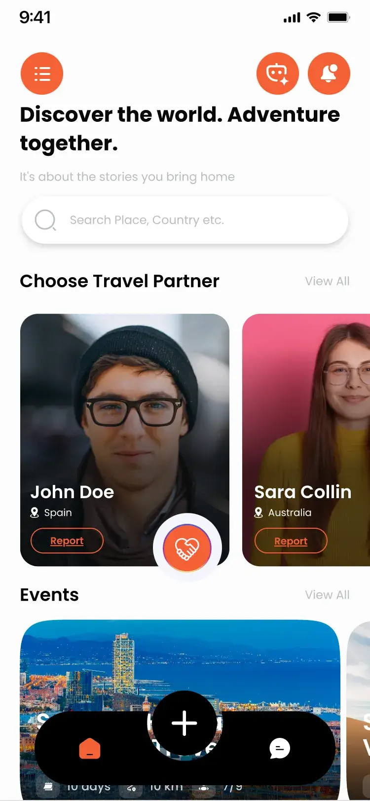 Discover screen with travel partner cards and upcoming events