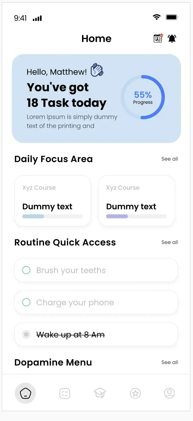 Neuvie home screen with the daily task progress ring, Daily Focus Area courses and a Routine Quick Access checklist