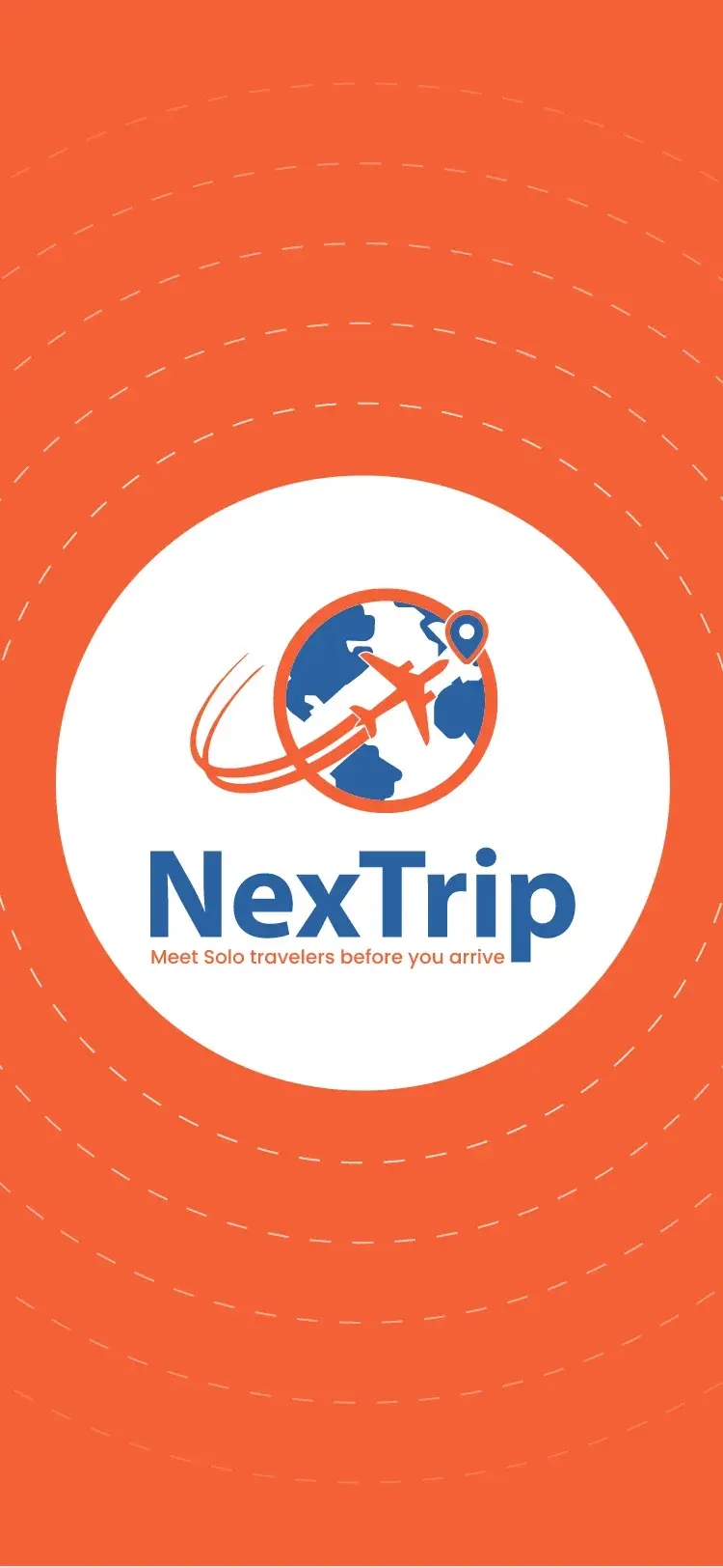 NexTrip launch screen with the globe logo on orange