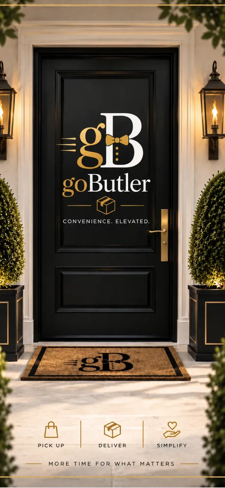 Launch screen with the goButler logo on a front door and the Pick up, Deliver, Simplify promise
